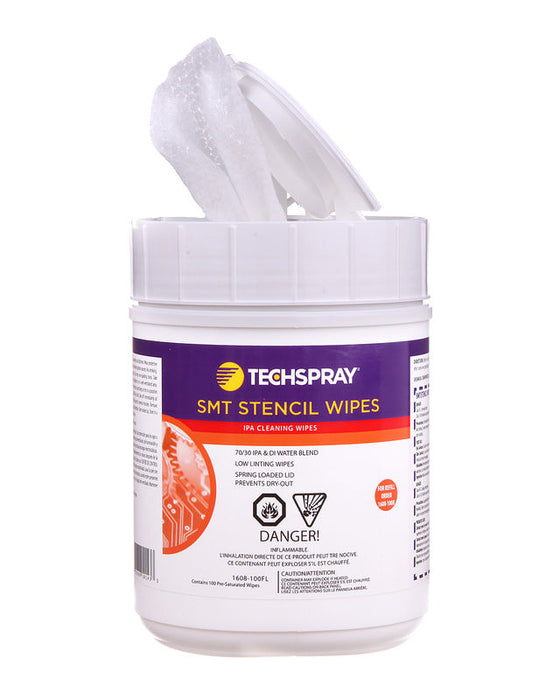TechSpray 1608-100FL IPA Stencil Wipes in Flip Top Tub, 70%/30%, 100 pack